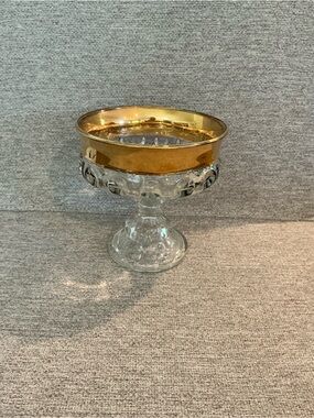 #865 GUC Vintage Indiana Glass Clear Pedestal Compote with 22 Kt. Gold Band